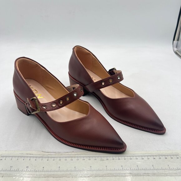 YDN Brown Pumps Pointed Toe Mary Jane Chunky Heels Loafers Hollow Buckle Shoes - Picture 4 of 8